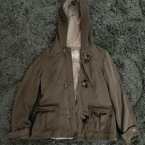 Faux Fur Lined Brown Hooded Button-Up Zipper Coat with Pockets Size M